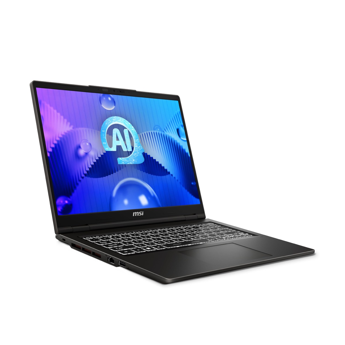 MSI VenturePro 16 AI laptop, open, three-quarter view